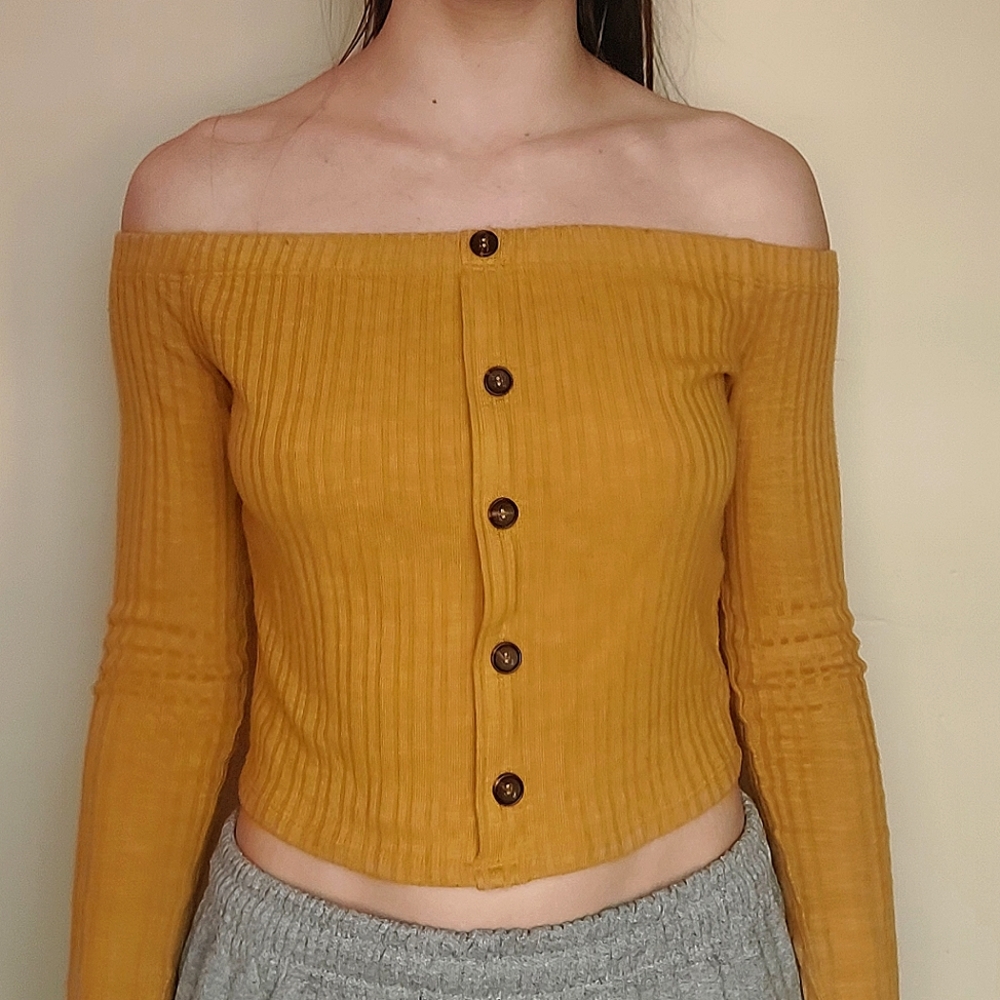 Forever 21 Mustard Yellow off-the-shoulder long sleeved ribbed crop top